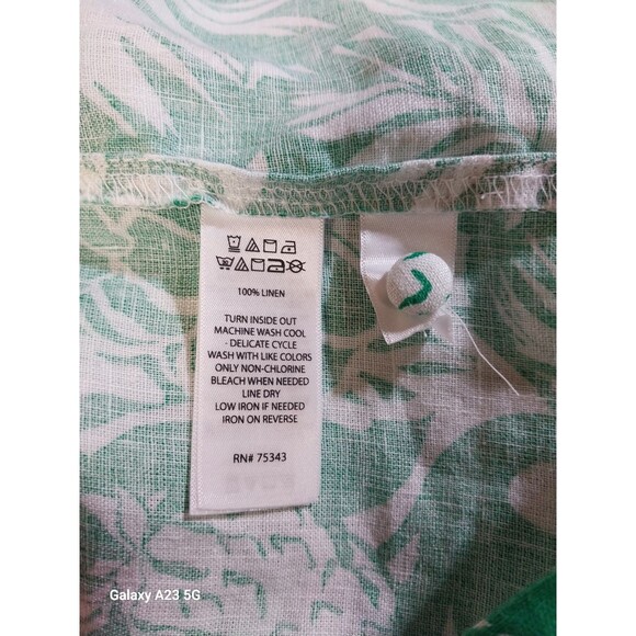 Nicole Miller Linen Top Women's Large Button Up Shirt Short Sleeve Floral Green - Picture 6 of 6
